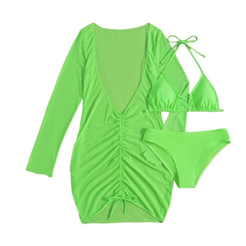 Solid cross back halter long sleeve ruched mini dress 3 piece swimwear