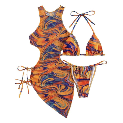 Contrast print mesh hollow out self tie halter 3 piece swimwear