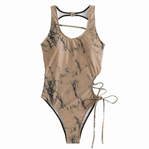 Hollow out lace up self tie one piece swimwear