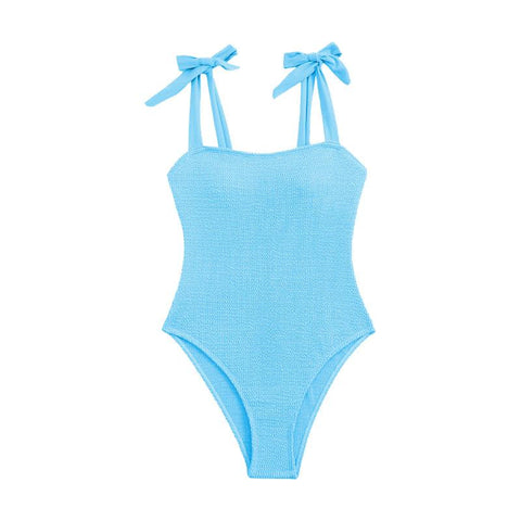 Textured self tie solid backless one piece swimwear