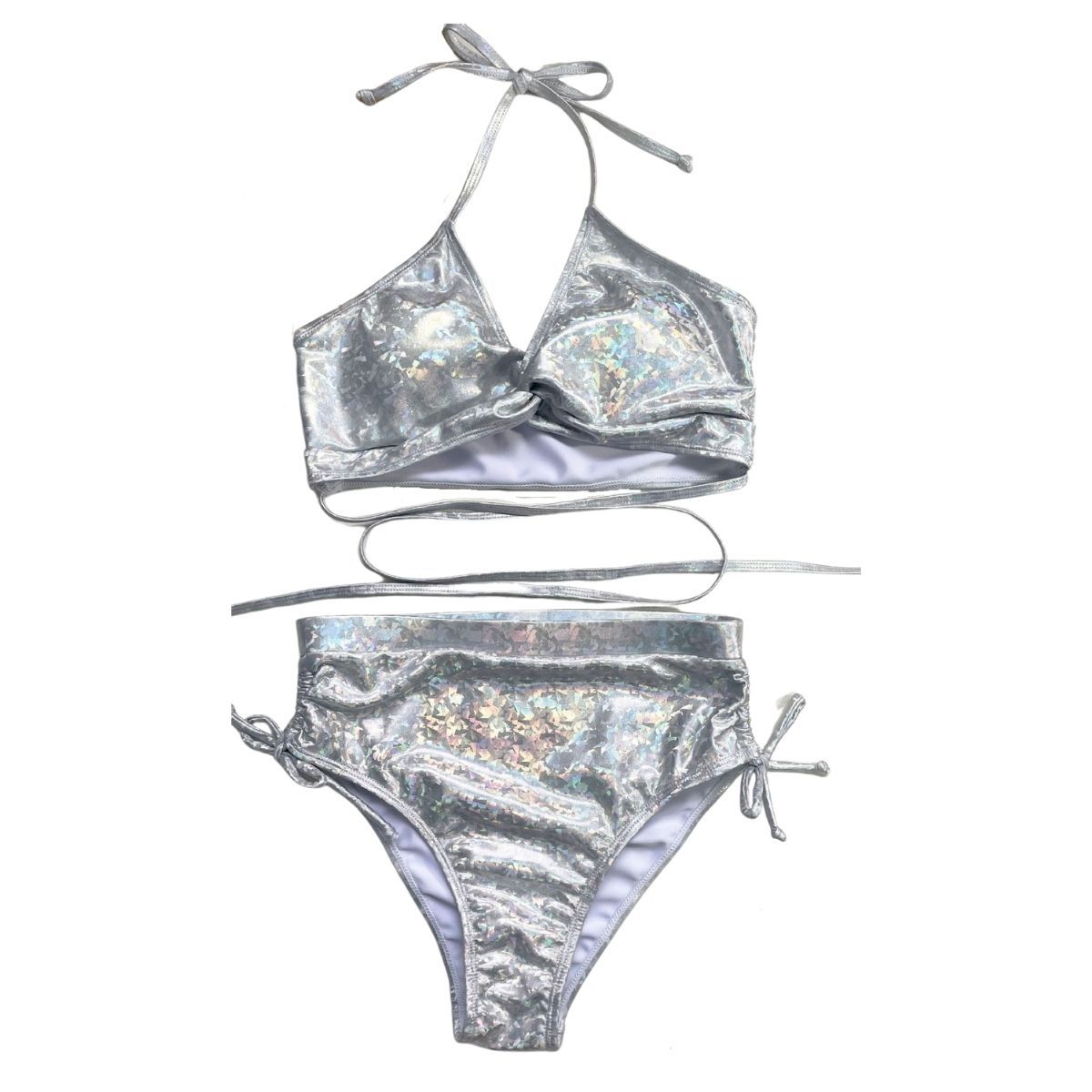 Metallic halter drawstring knotted backless bikini swimwear