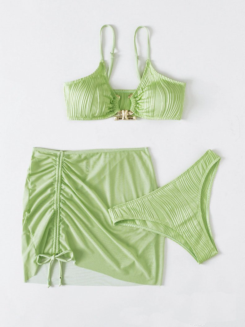 Solid textured o ring mesh ruched 3 piece swimwear