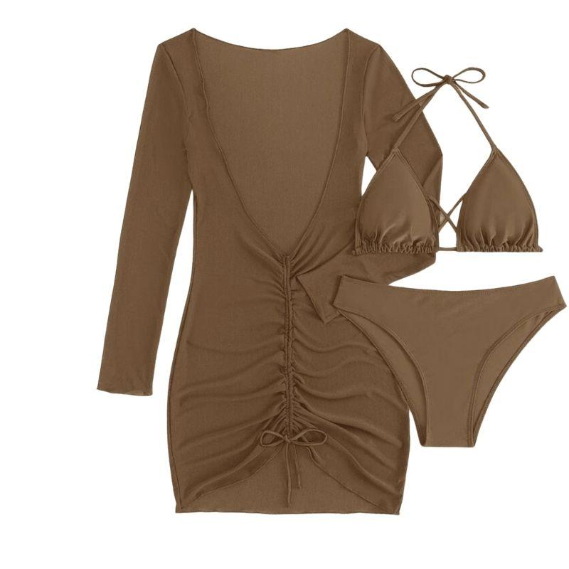 Solid cross back halter long sleeve ruched mini dress 3 piece swimwear