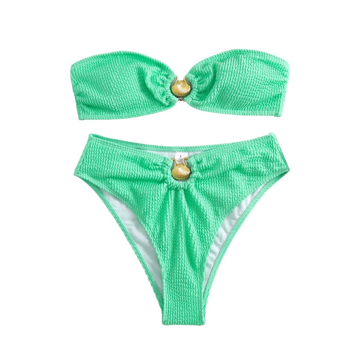 Metal applique textured backless button tube bikini swimwear