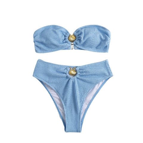 Metal applique textured backless button tube bikini swimwear