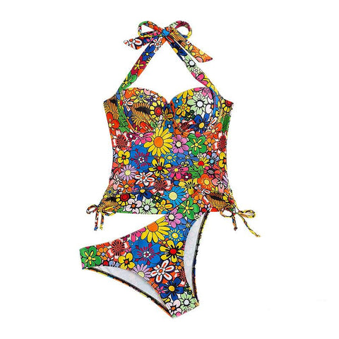 Contrast flower pattern print padded halter self tie bikini swimwear