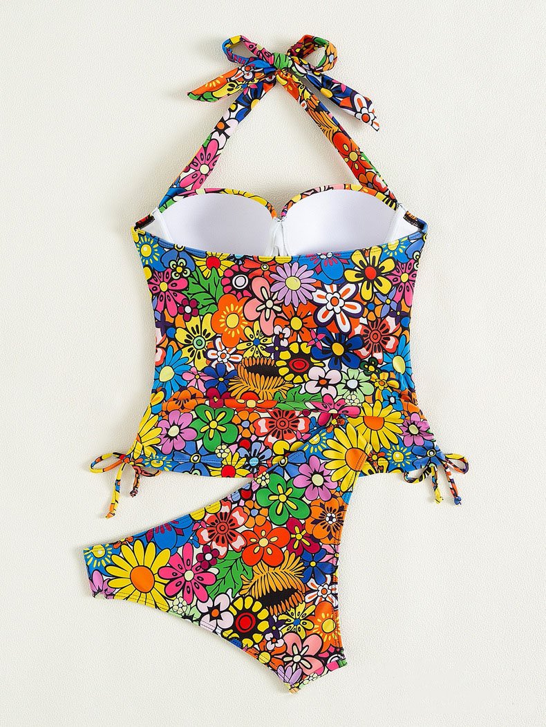 Contrast flower pattern print padded halter self tie bikini swimwear