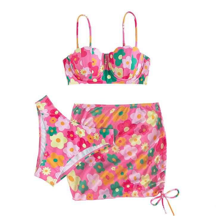 Flower pattern drawstring contrast padded 3 piece swimwear