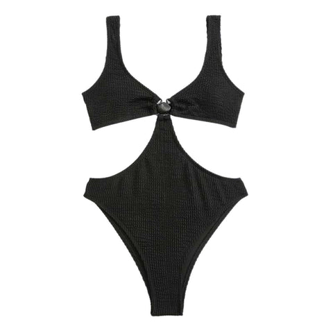 Textured hollow out o ring one piece swimwear