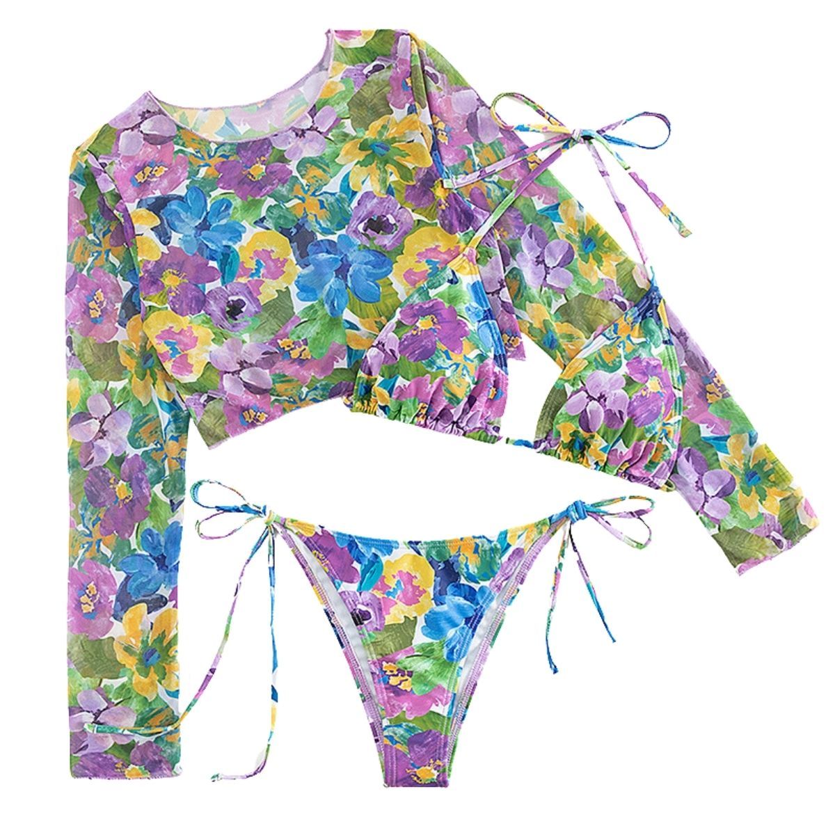 Mesh flower pattern contrast long sleeve halter 3 piece swimwear