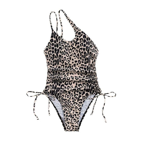 Leopard drawstring one shoulder irregular one piece swimwear