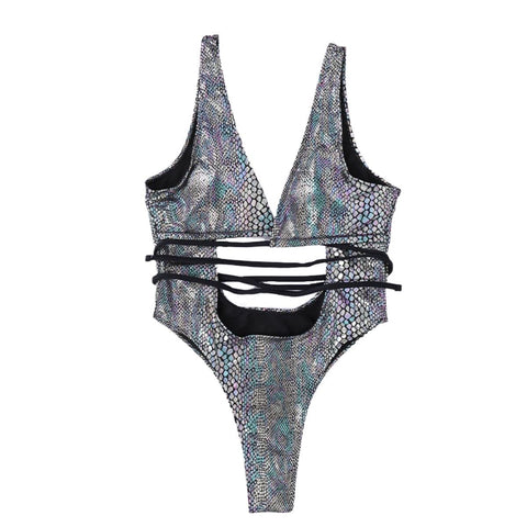 Solid cross front snakeskin print self tie metallic one piece swimwear