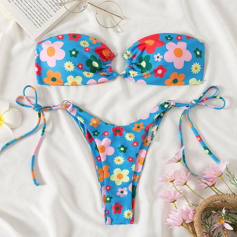 Flower pattern self tie o ring tube bikini swimwear