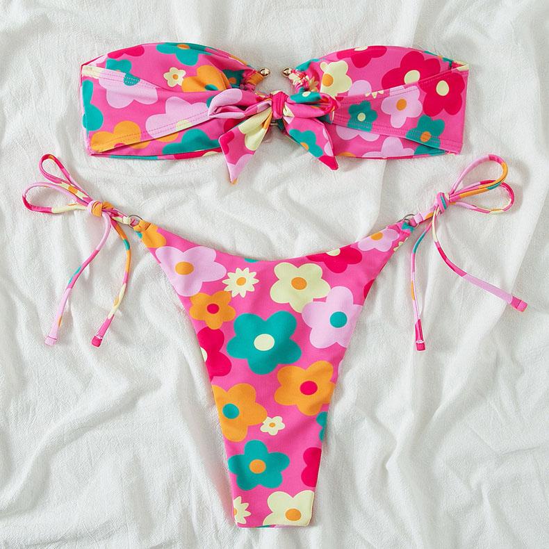 Flower pattern self tie o ring tube bikini swimwear