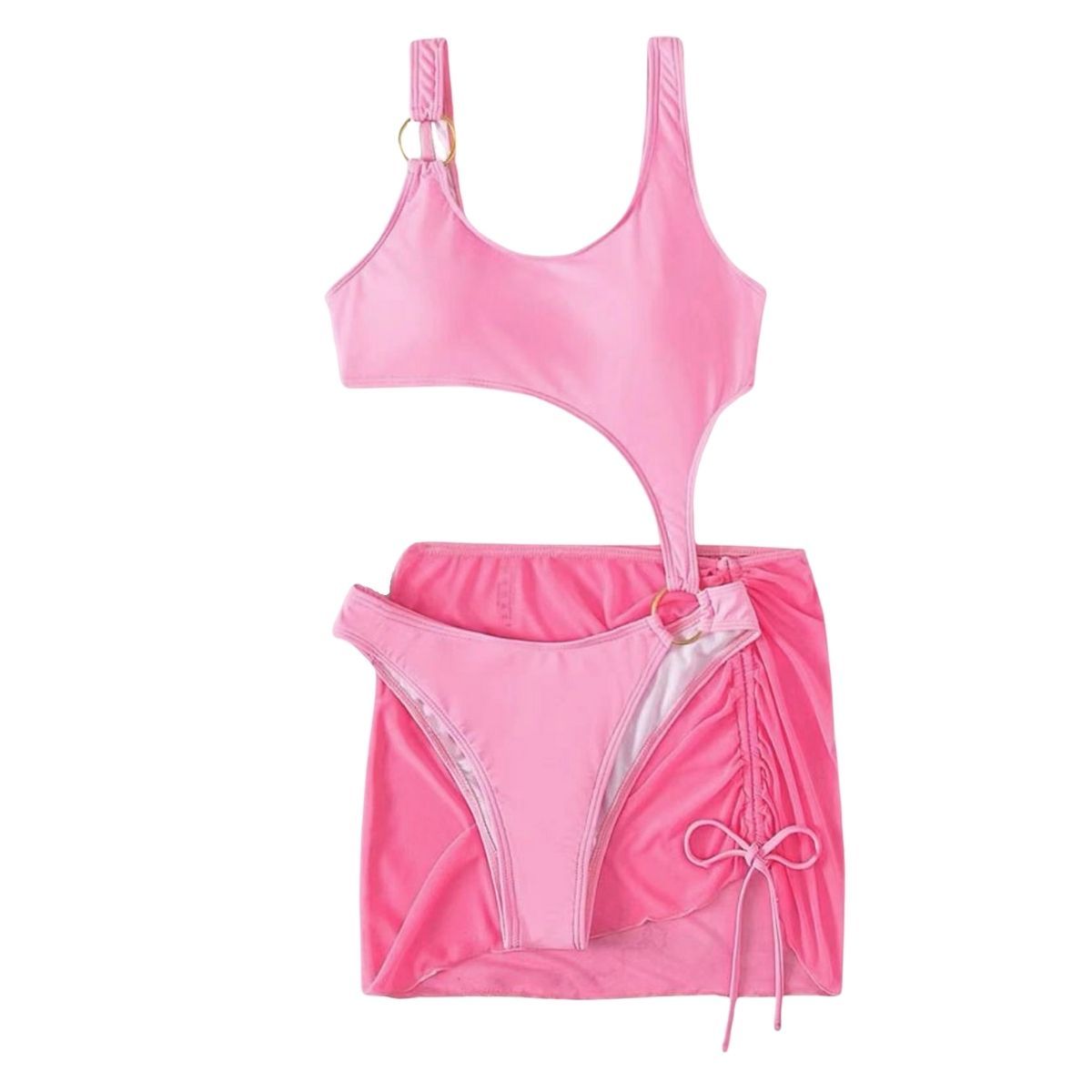 Drawstring solid mesh u neck o ring 3 piece swimwear