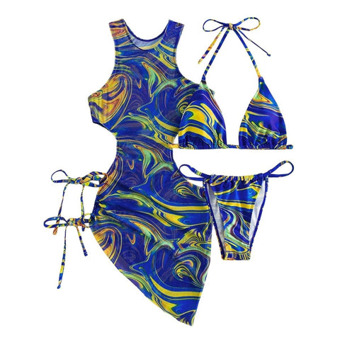 Contrast print mesh hollow out self tie halter 3 piece swimwear