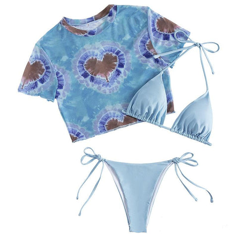 Mesh round neck tie dye self tie solid 3 piece swimwear