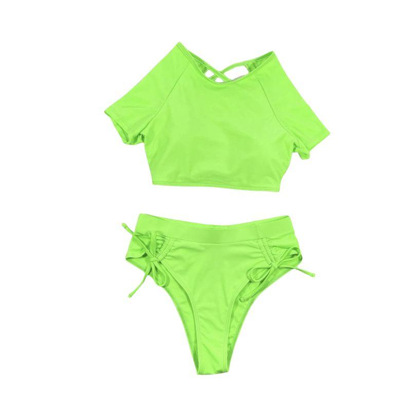 Short sleeve lace up solid drawstring bikini swimwear