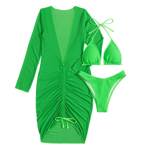 Mesh drawstring long sleeve halter backless 3 piece swimwear