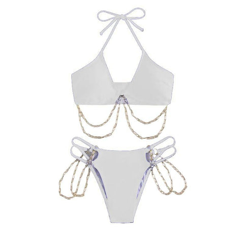 Metal chain solid padded hollow out halter self tie bikini swimwear