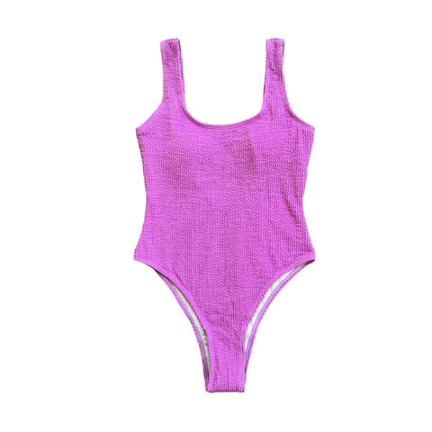 Textured sleeveless u neck solid one piece swimwear