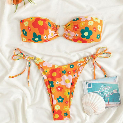 Flower pattern self tie o ring tube bikini swimwear