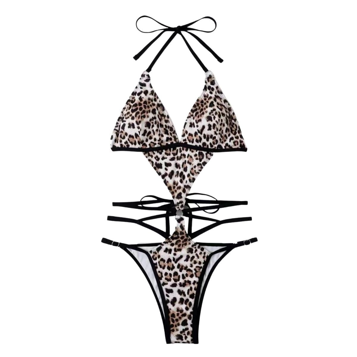 Leopard print contrast halter backless padded bikini swimwear