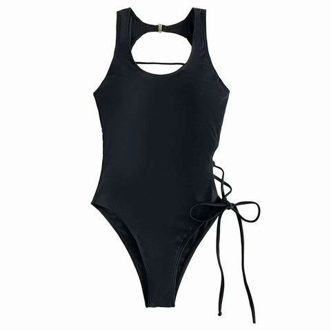 Hollow out lace up self tie one piece swimwear