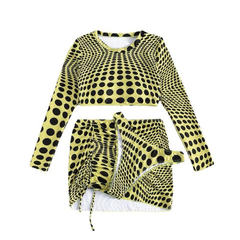 Polka dot contrast long sleeve drawstring 3 piece swimwear