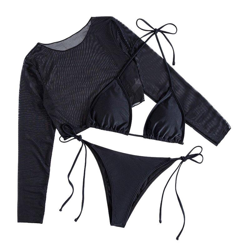 Mesh long sleeve halter solid 3 piece swimwear