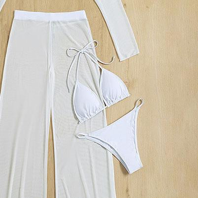 Long sleeve turnover collar solid halter pant 4 piece swimwear