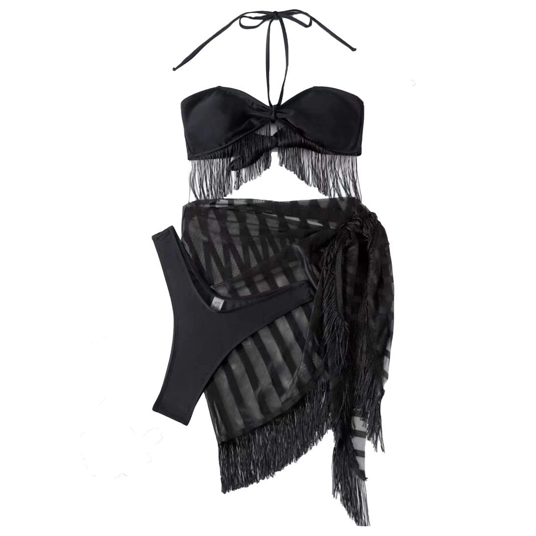 Solid halter mesh self tie ribbon 3 piece swimwear