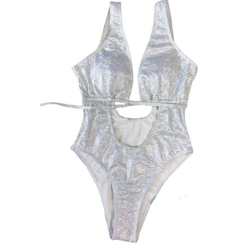 Cross front solid metallic hollow out padded one piece swimwear