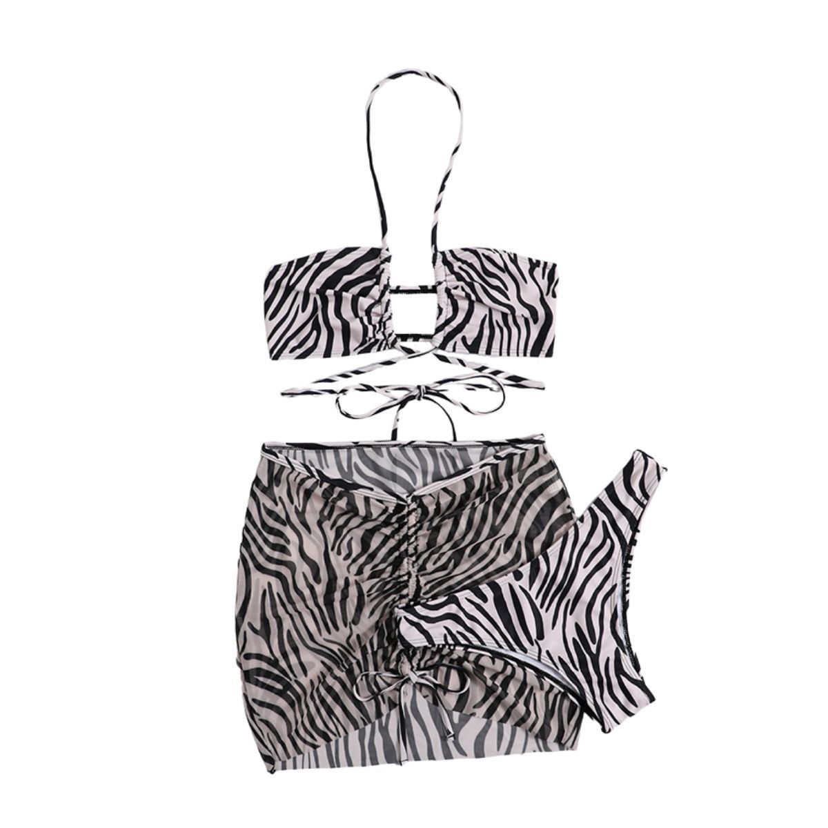 Zebra print mesh drawstring halter self tie 3 piece swimwear