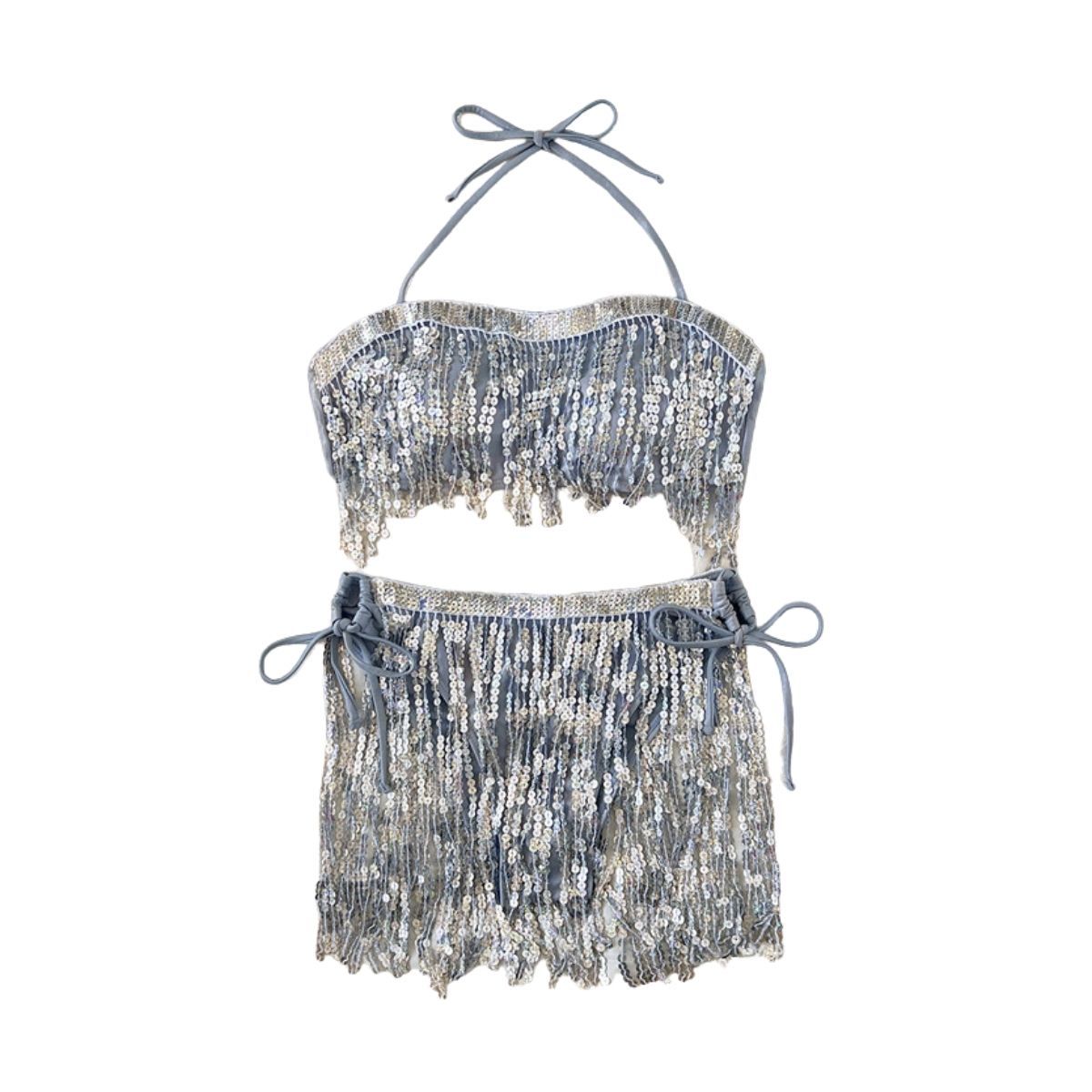 Glitter tassels contrast halter backless self tie bikini swimwear