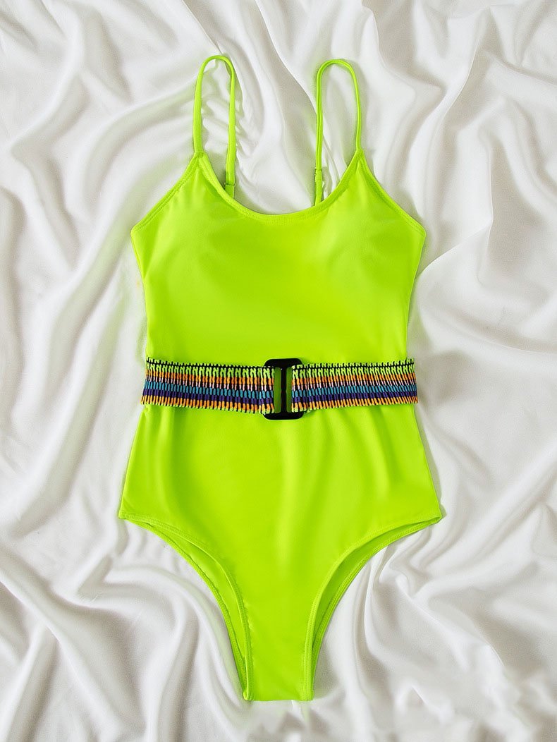 Contrast backless belt one piece swimwear