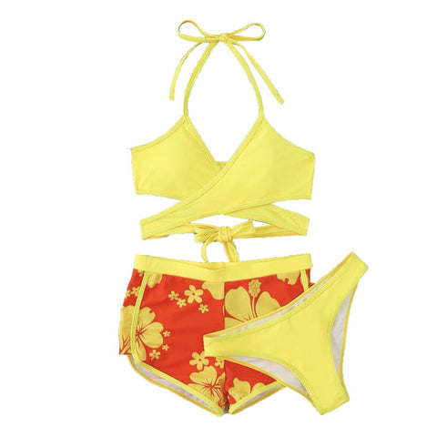 Contrast halter cross front hollow out self tie 3 piece swimwear