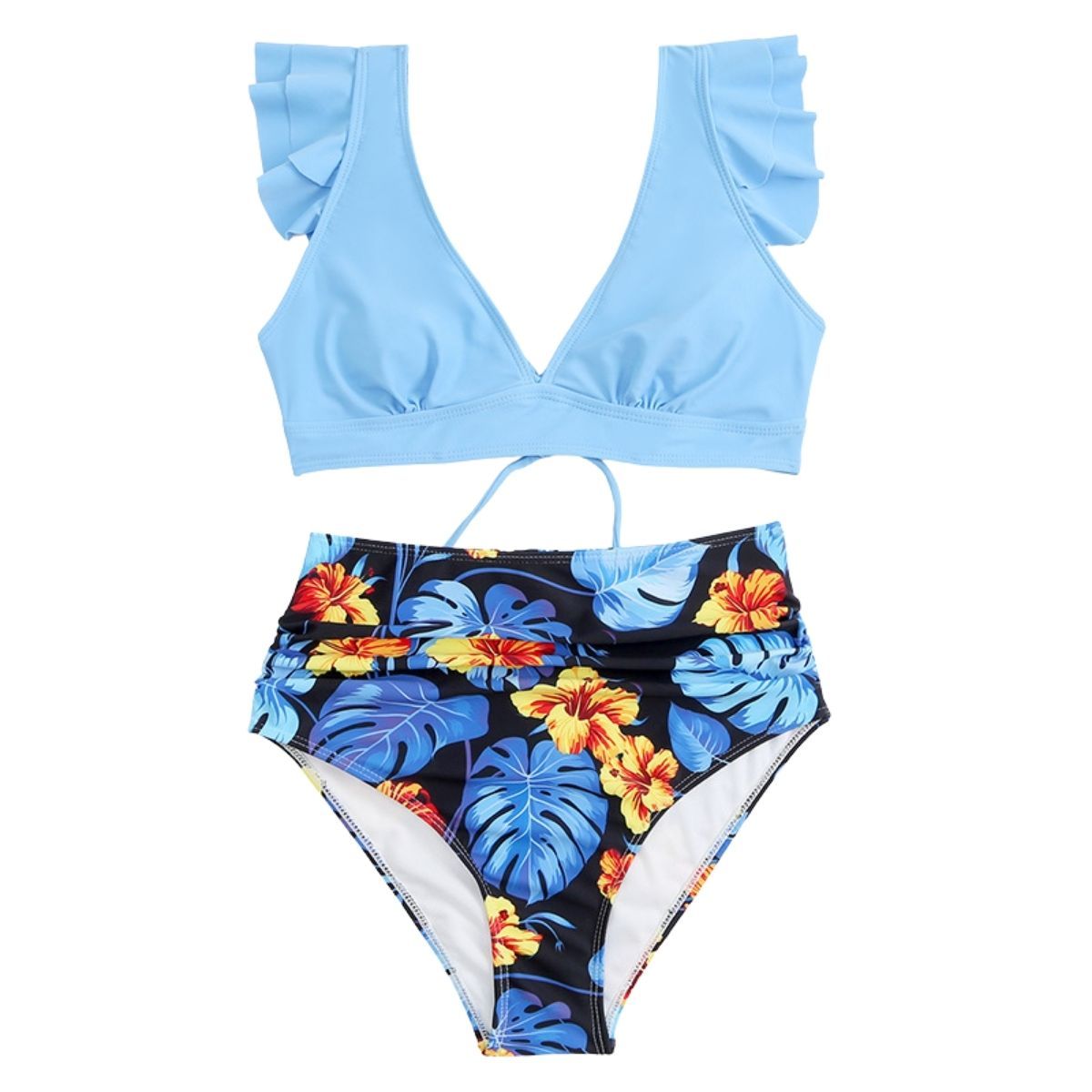 Cap sleeve contrast ruffle lace up leaf print bikini swimwear