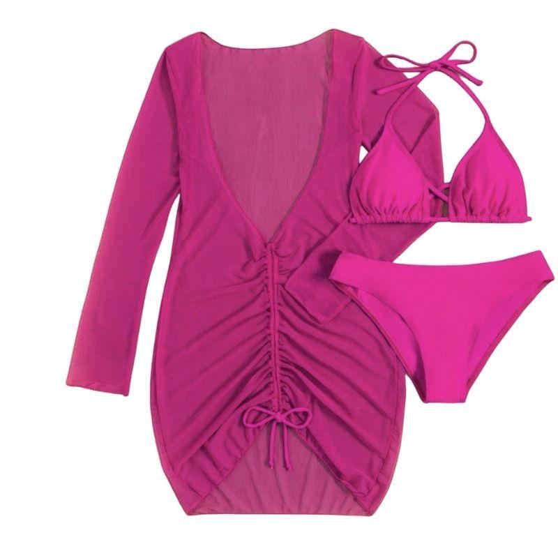 Solid cross back halter long sleeve ruched mini dress 3 piece swimwear