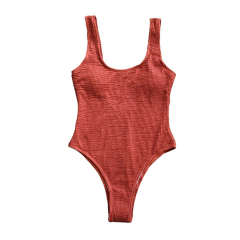 Textured sleeveless u neck solid one piece swimwear