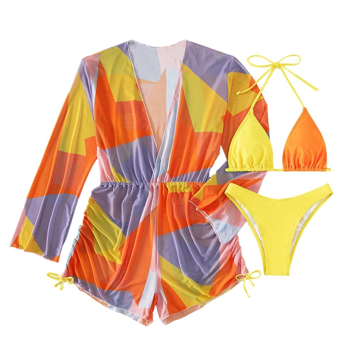 Mesh long sleeve contrast drawstring halter 3 piece swimwear