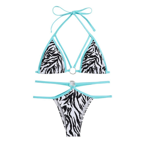 Zebra print halter o ring contrast backless bikini swimwear