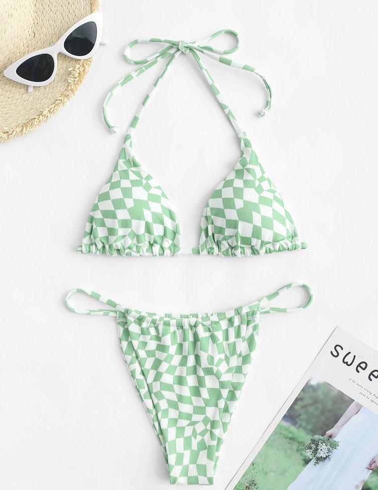 Contrast plaid halter self tie bikini swimwear