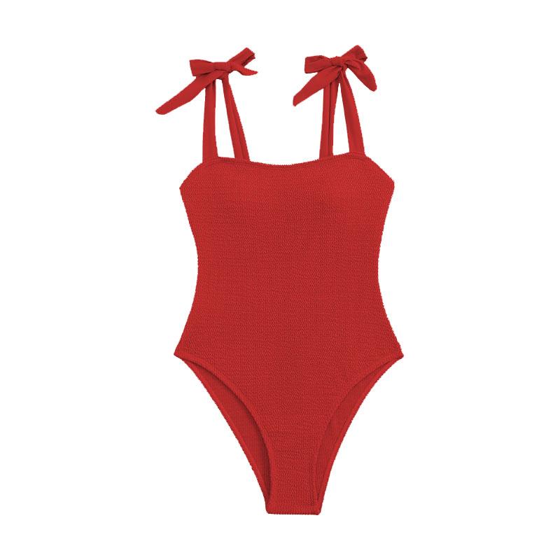 Textured self tie solid backless one piece swimwear