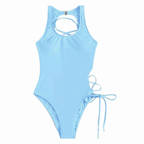 Hollow out lace up self tie one piece swimwear