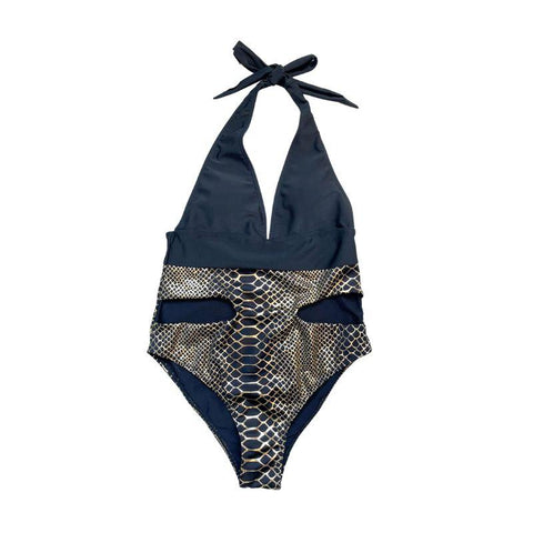 V neck padded halter snakeskin hollow out one piece swimwear