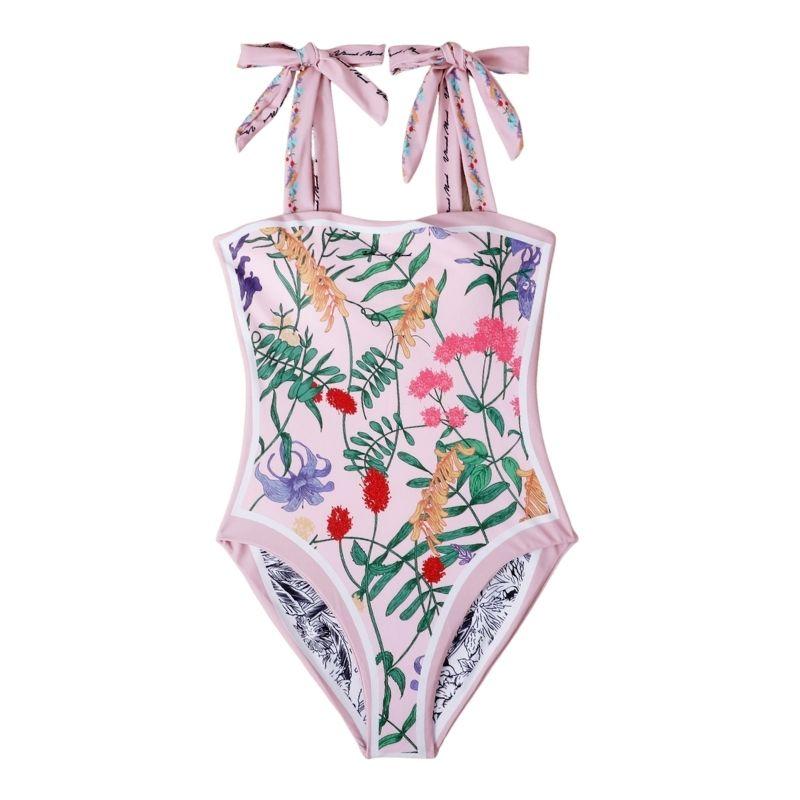 Contrast print self tie 2-way one piece swimwear