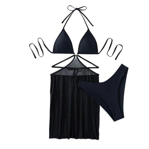 Solid halter hollow out mesh self tie 3 piece swimwear