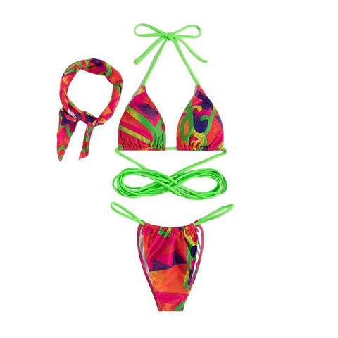 Contrast print self tie halter 3 piece swimwear