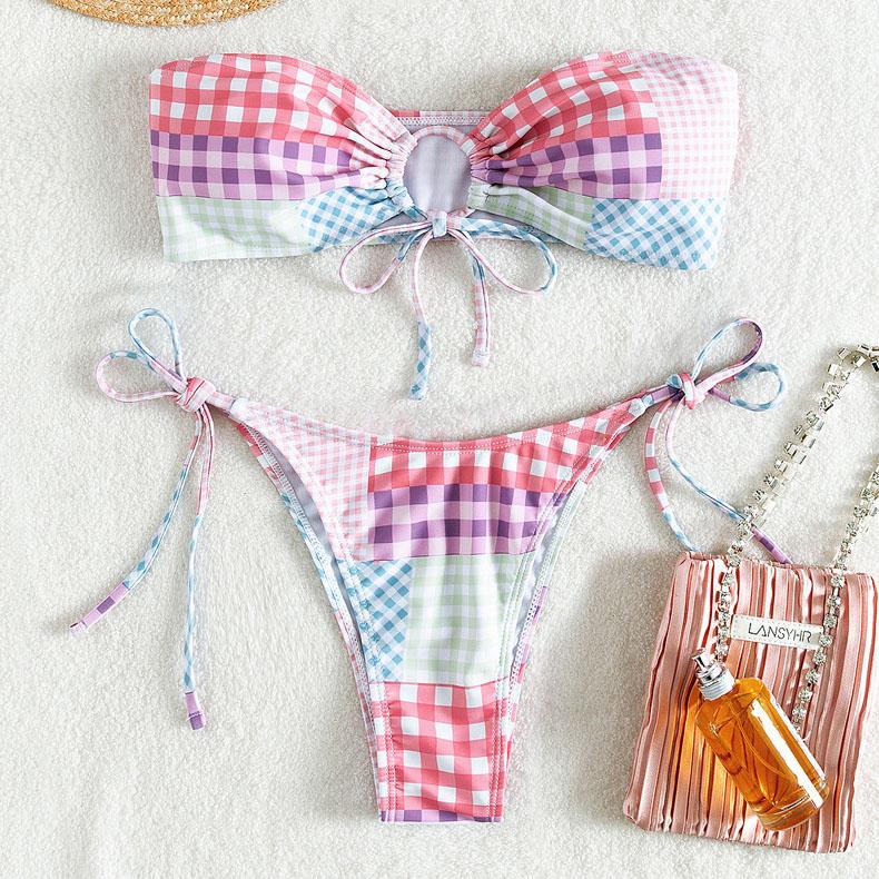 Plaid contrast print o ring self tie tube bikini swimwear